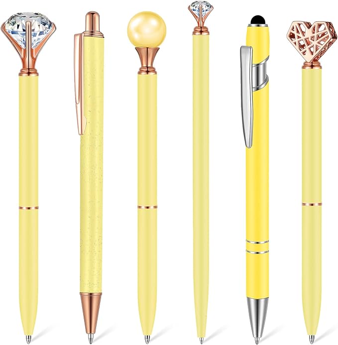 6 Pcs Ballpoint Pens Set Metal Crystal Diamond Pen for Journaling Glitter Pretty Cute Stationery Black Ink Fancy Gifts for Women Girls Teacher Office Wedding School Supplies(Yellow)