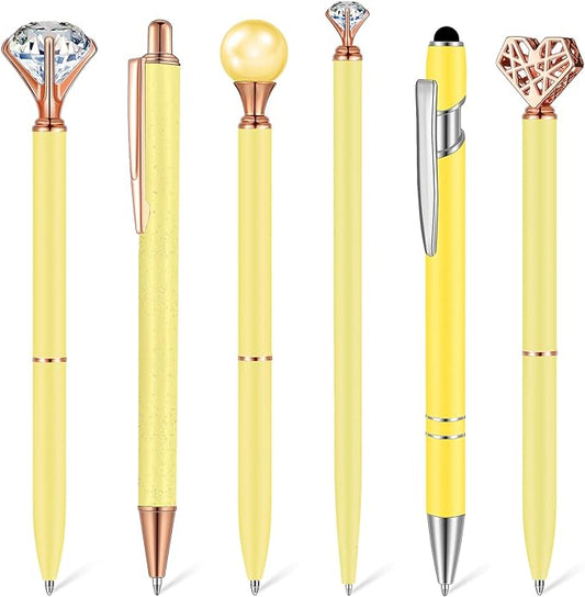 6 Pcs Ballpoint Pens Set Metal Crystal Diamond Pen for Journaling Glitter Pretty Cute Stationery Black Ink Fancy Gifts for Women Girls Teacher Office Wedding School Supplies(Yellow)