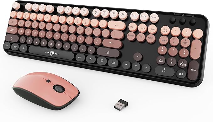 Wireless Keyboard and Mouse Combo, 104 Round Keys Cute Colorful Keyboard and Mouse with Retro Typewriter for PC/Mac/Laptop/Tablet/Computer/Windows Black