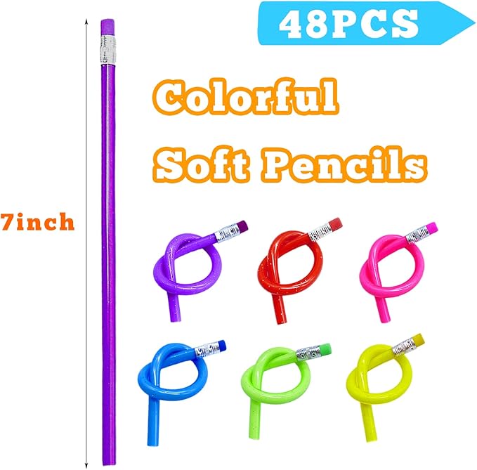48 Pieces Flexible Soft Pencil,Magic Bendable Pencils,Multi-Colored Fun Soft Pencils with Erasers for Kids,Classroom Supplies,Back to School Gifts,Party Favors,6 Colors