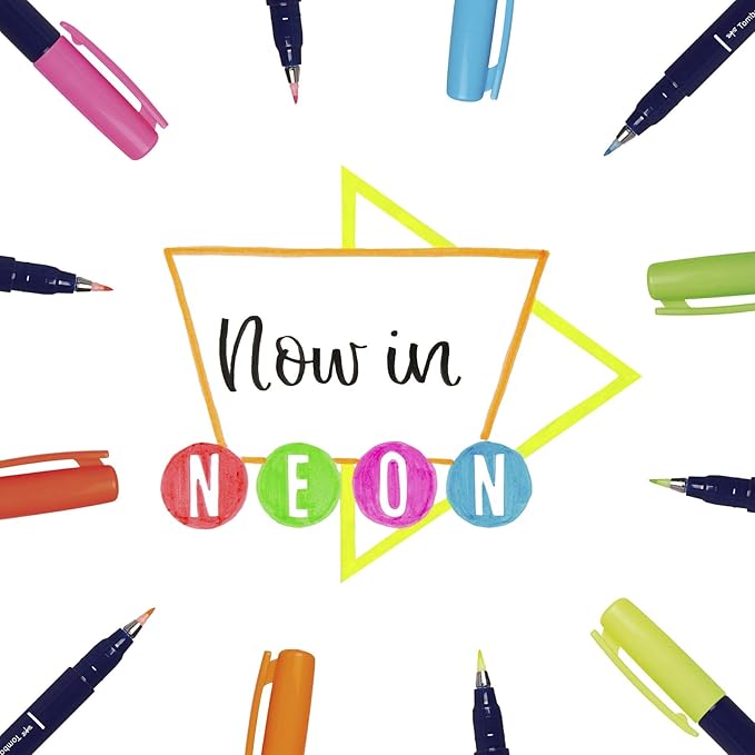 Tombow 56437 Fudenosuke Neon Brush Pen, 6-Pack. Hard Tip Fudenosuke Brush Pens in Assorted Neon Colors for Calligraphy and Art Drawings