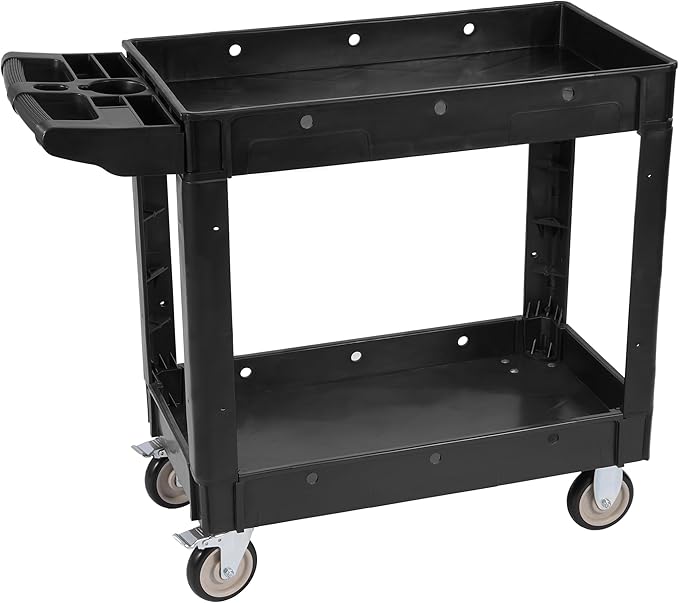 Elevon Service Utility Cart, 2-Shelf 550LBS Heavy Duty Plastic Rolling Tool Cart 2 Swivel Casters with Brakes, Ergonomic Storage Handle for Warehouse, Garage, Cleaning, Manufacturing - Black