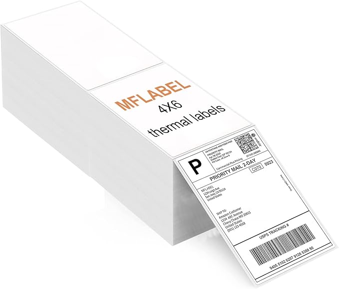 MFLABEL® 4 Stacks Fanfold 4" x 6" Direct Thermal Labels White Perforated Shipping Label (2,000 Labels per Stack) (4 Stacks)