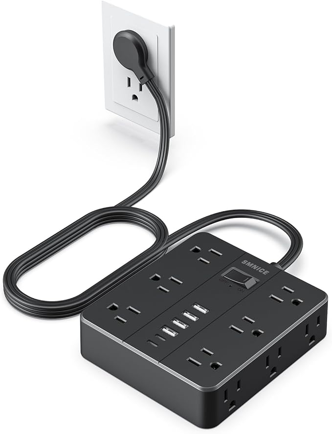 Power Strip Flat Plug with 12 Outlets 6 USB(2 USB C),SMNICE Surge Protector Charging Station with Overload Protection,5ft Extension Cord Widely Spaced Multiple Outlets for Home Office Dorm,Black