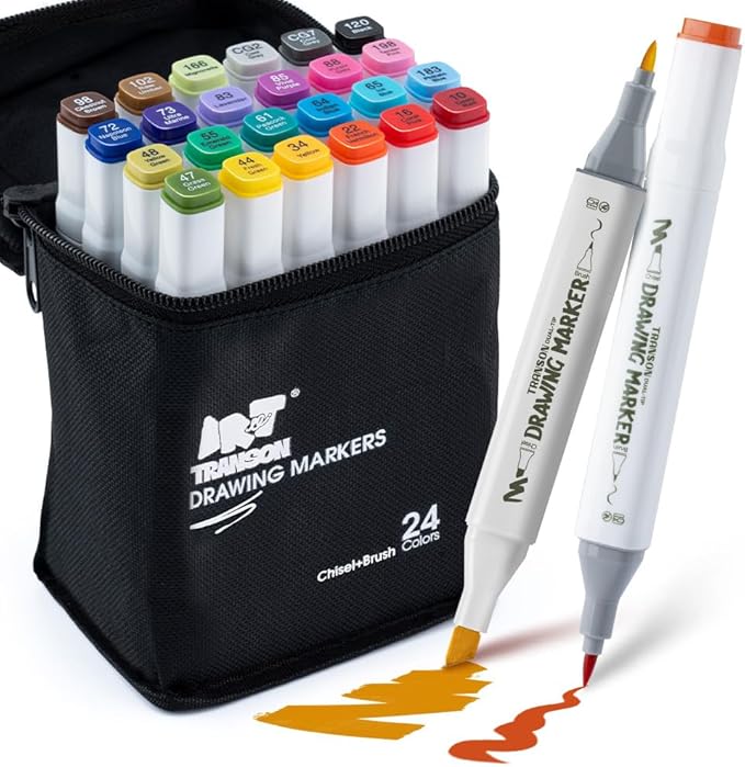 TRANSON Alcohol Markers for Drawing Coloring 24 Colors Dual-tip Brush and Chisel Tips