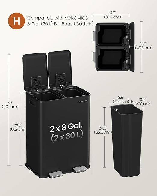 SONGMICS Trash Can, 2 x 8 Gallon (2 x 30 L) Dual-Compartment Garbage Can with Soft-Close Lid, Pedal and Inner Buckets, Stainless Steel, Includes 15 Liner Bags, Ink Black ULTB741B01