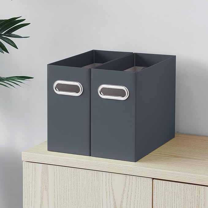 Oterri File Organizer, Small Storage Box, Cardboard File Folder Organizer, Collapsible File Box, Hanging File Organizer for Letter Size, Portable File Box with Handle, Only Box (Dark Grey,2 Packs)