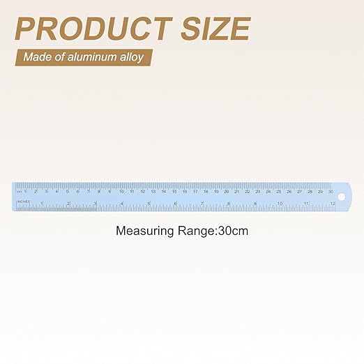 HARFINGTON 2pcs Metal Straight Ruler 30cm Metric SAE Aluminum Alloy Measuring Rulers Scale Tool with Hole for Measure Study Reading Classroom Office, Light Blue