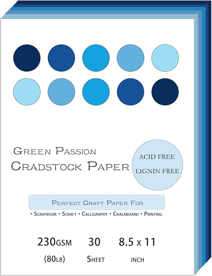 Blues Cardstock 8.5 x 11 Craft Paper Cover Stock Stash Pack- Blue Tones Assorted Colored Scrapbook Paper 80lb Card Stock for Construction Crafts, Embossing, Quilling, Cardmaking-30 Sheets