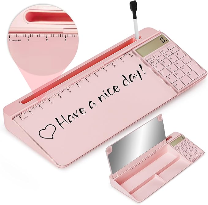 Desktop Glass Whiteboard with Mirror & Calculator(12 Digit LCD Display) & Ruler Marker,Tilted Computer Keyboard Stand with Dry Erase Board Surface, Desk Organizers with Accessories,Pink
