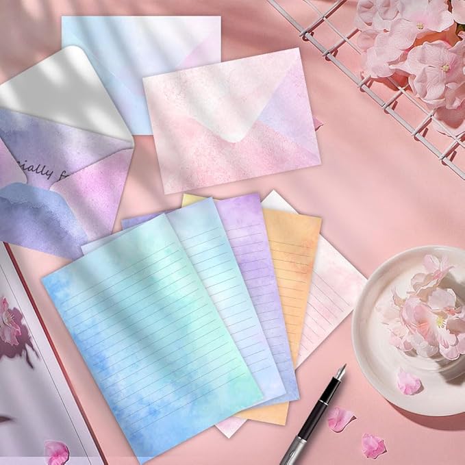 72 Pieces Stationery Set with Envelopes (48 Lined Watercolor Sheets + 24 Matching Envelopes), 8 Unique Designs, 5.5 x 8.25 inch Double Sided Printing stationery paper for Letter Writing