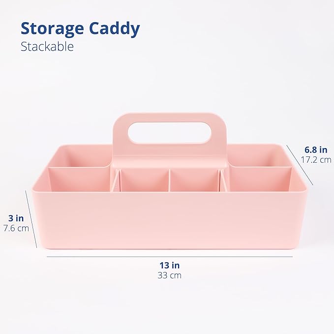BLUE GINKGO Stackable Organizer Caddy – Korean-Made Portable Tote for Bathroom, Office, Crafts, or School Supplies (Long Rectangle, Pink)
