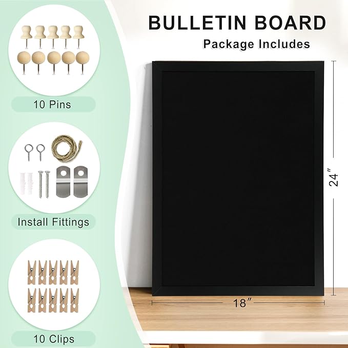 DOLLAR BOSS Large Black Cork Board Double-Sided Bulletin Board with Linen 24''x 18'', Black Cork Boards for Walls Wood Frame Hanging Pin Board, Cork Board for Office Home School 1-Pack