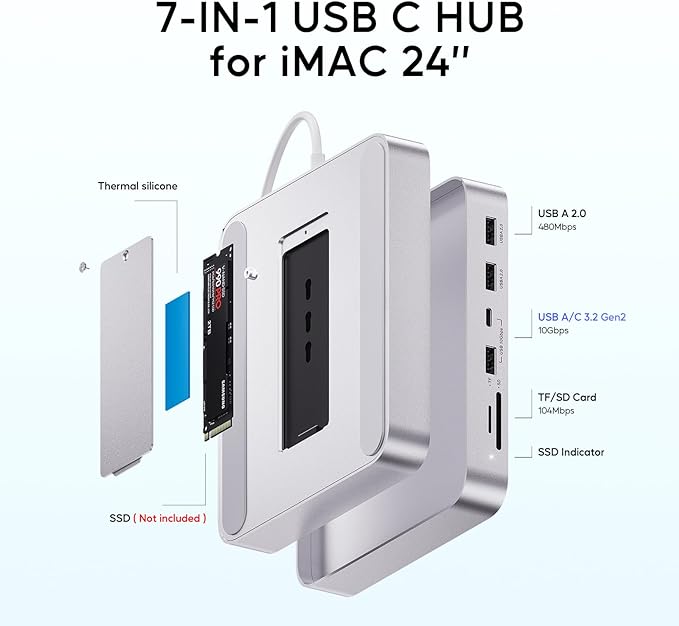 USB C HUB for iMac 24 inch 2021/2023/2024, PULWTOP USB Hub Adapter iMac Accessories for i-Mac M1/M3/M4 with USB C 10Gbps 3*USB A SD/TF, Docking Station Support Expand M.2 SSD (Not Included), Silver