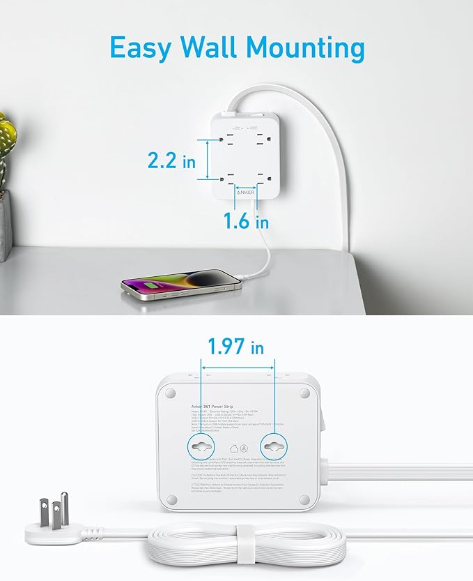 Anker Surge Protector Flat Plug Power Strip 2000J, 5ft Thin Extension Cord with 8 Outlets, 2 USB A and 1 USB C Port, 20W for iPhone15, Wall Mount, Compact for Home, Office, Room, TUV Listed