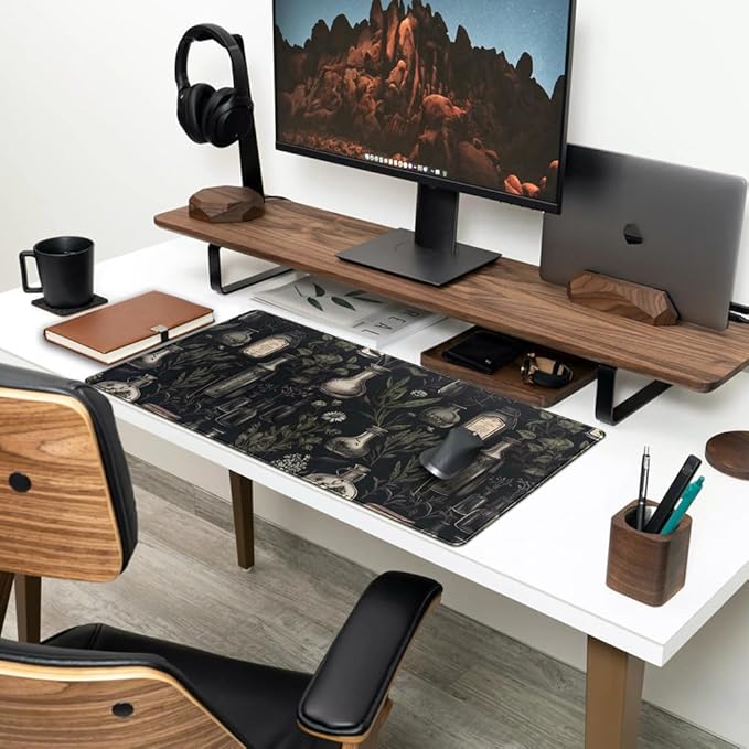Black Aesthetic Desk Mat Black Vintage Desk Pad Large Gaming Flower Mouse Pad XXL Plant Wildflower Mousepad Extended Laptop Computer Mouse Keyboard Mat for Women Girl Office Desk Decor 31.5x15.8 in