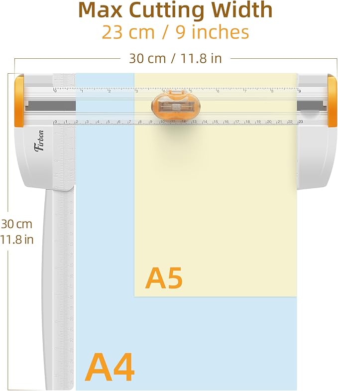 Firbon 3-in-1 Paper Cutter, 9" Compact A5 Paper Trimmer with Straight Cut, Scoring & Perforating Blades for Cardstock, Scrapbooking, Crafting, Labels & Home Office (Orange)