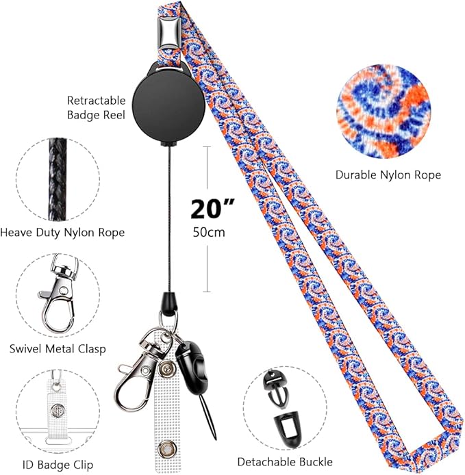 6 Pack Retractable Badge Lanyards and ID Badge Holder, Strap Lanyard with Swivel Metal Clasp for Badge Holders, Keychains, Offices, Staff, Students, Employees, Paisley Blue