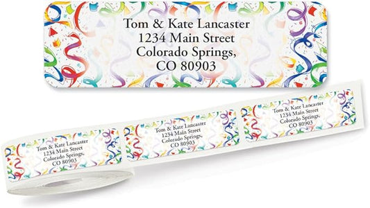 Colorful Images Birthday Surprise Rolled Personalized Return Address Mailing Labels with Dispenser, Customize with Name & Shipping Address, 125 ¾” x 2½” Self Adhesive, Easy Peel Label Roll