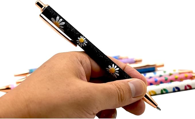 9 PCS Sparkle Glitter Heart Pens - Metal Daisy Flower Wedding Retractable Ballpoint Pens with Lip Print, Perfect for Women, Ladies, School, Party, Office, Valentine's Day, Birthday