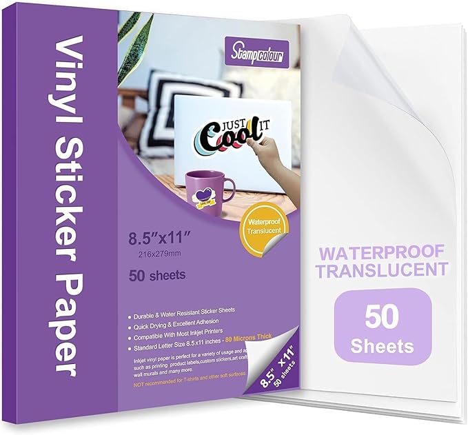 Premium Printable Vinyl Sticker Paper,Translucent 50 sheet Clear Self-Adhesive Sheets,Waterproof Dries Quickly Vivid Colors Decal Paper,Tear Resistant for Any Epson HP Canon Sawgrass Inkjet Printer