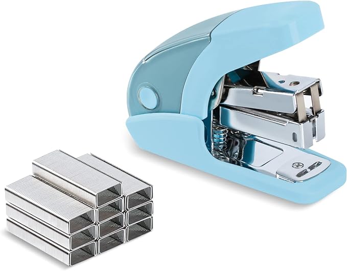 PAPERPAL Effortless Mini Stapler Set, 20 Sheet Capacity, Integrated Remover & Staple Storage, Holds 1/4" Staples, Includes 1000 Staples, Lightweight, Office, School & Daily Use, Light Blue