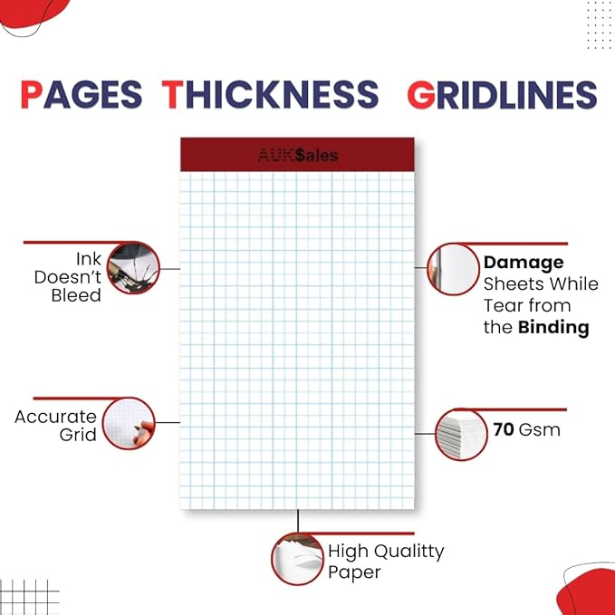 Grid Paper Pad 5x8 Inches – Graph Paper Pad 4x4, Grid Notepad, 36 Pack, 5x8 Graph Paper 1/4 Grid, Graphing Paper, Engineering Pad – 100 Sheets 200 Pages Perforated Pad for School, Home, & Office
