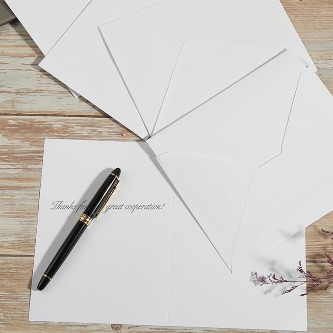 50 Pack White A7 Envelopes with Cards 5x7 Thick Folded Cardstock and Gold Stickers for Greeting Cards, Wedding, Birthday, Invitations, Baby Showers (White, 5x7)