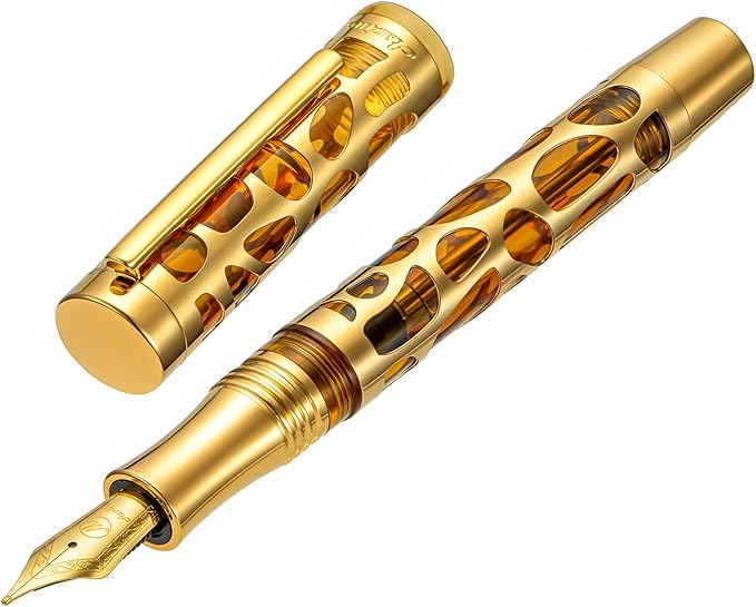 Asvine V169 Vacuum Filling Fountain Pen Iridium Fine Nib, Water Drop Skeleton Gold Trim Transparent Coffee Acrylic Pen Case Set
