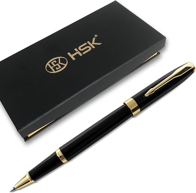 HSK Ballpoint Pens Executive Fountain Pen with Gold Trim, Gift Box Set, Available in Black, Red, Navy Blue,Black Refill Line width 0.5mm (Black)
