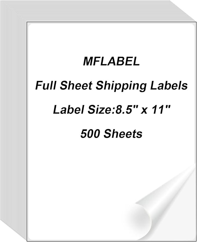MFLABEL Full Sheet Shipping Labels 8.5x11 Inch - Matte White Permanent Adhesive Paper for Laser & Inkjet Printers (500 Sheets) - No Cut Needed Address Labels + Free 48 Fragile Stickers