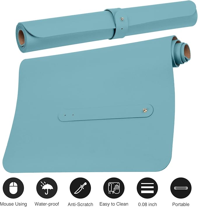 Boutilon Leather Desk Pad 24"x 14" Non-Slip Mouse Pad,Office Desk Mat,Waterprooft PU Leather Desk Blotter,Desk Pad Protector,Desk Writing Pad for Home Office Decor (S-Light Blue)
