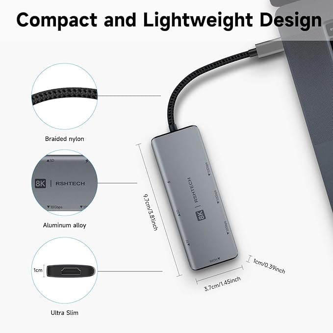 RSHTECH USB C Hub 7-in-1 Multiport Adapter with 8K HDMI, 10Gbps USB-C and 2 USB A Data Ports, 100W Power Delivery, SD/TF Card Reader, Aluminum USB 3.1/3.2 Gen 2 Hub Dongle for PC and Laptop, RSH-T02