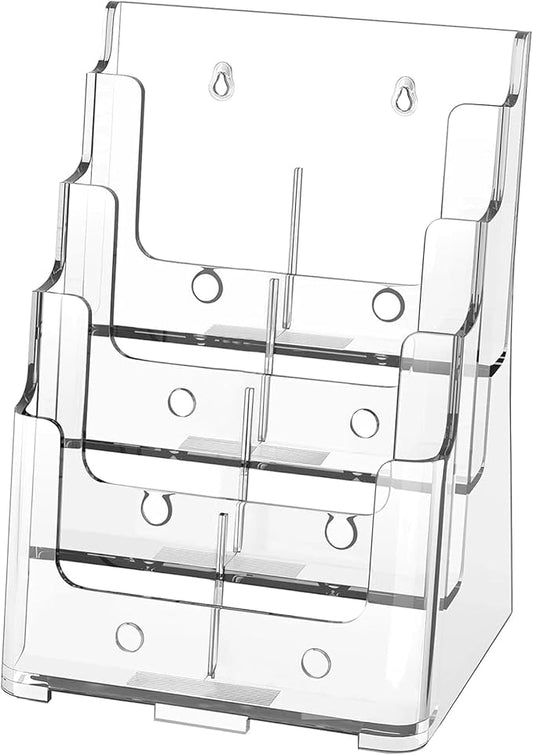 Acrylic Brochure Holder 8.5x11 & 4 x9 Inches, Clear 4 Tier Magazine Holder Brochure Display Stand w Removable Divider, Literature Pamphlet Flyer Holder for Wall Mount or Countertop
