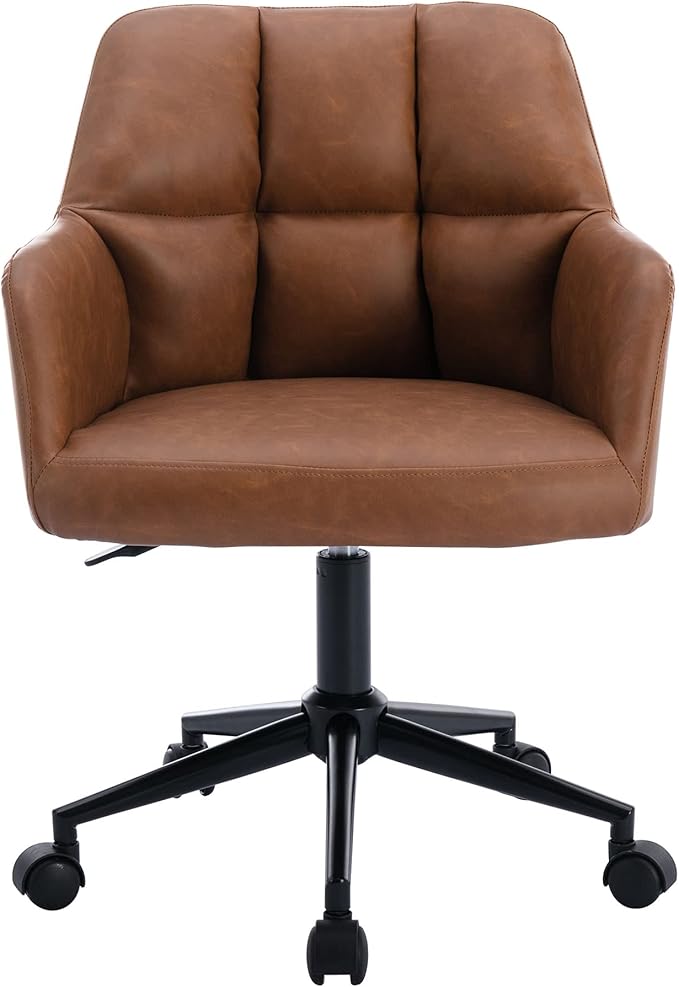 VESCASA Adjustable Home Office Desk Chair with Comfy Square Tufted Mid-Back, Faux Leather 360 Swivel Upholstered Task Armchair with Wheels for Teens Bedroom/Living Room, Brown