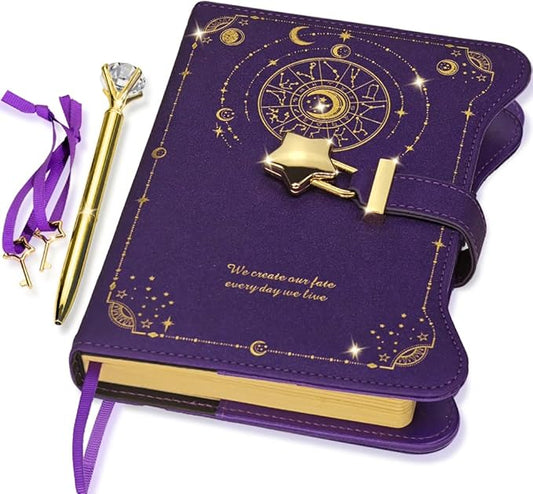Diary with Lock and Keys for Girls Gift Ideas, 360 Kraft Pages Journal for Women, B6 Refillable Notebook for Writing with Pen and Bookmark (Astro Purple)