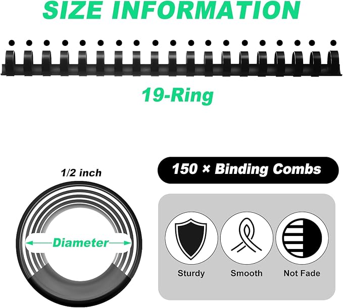 Yunsailing 150 Pack Plastic Binding Combs Plastic Binder Comb Ring 19 Ring Binding Spines Letter Size Spiral coils for Notebook Calendar(1/2 in,Black)