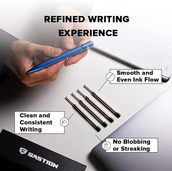 BASTION® Premium Pen Refill, Deeply Pigmented Ink for All Bastion Bolt Action Luxury Pens, Standard Ink Refill with 0.55mm Fine Tip - Black Gel, 6 PCs