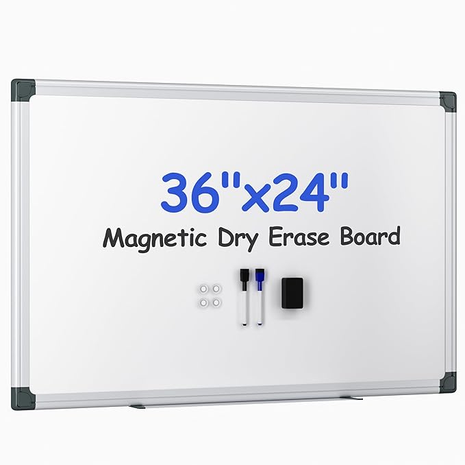 VUSIGN Magnetic White Board Kit for Wall 36" x 24", 1 Dry Eraser & 2 Multicolor Markers & 4 Magnetic Pins, Sliver Reinforced Aluminum Frame for Home, School, Office