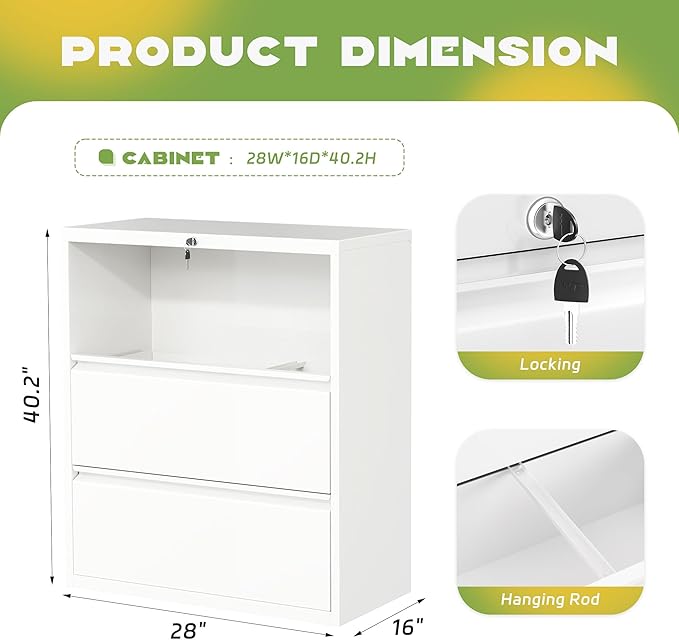 Superday Lateral File Cabinet 3 Drawer Metal File Cabinet with Lock, White Filing Cabinets for Home Office, Locking Filing Cabinets Hanging Files Letter/Legal/F4/A4