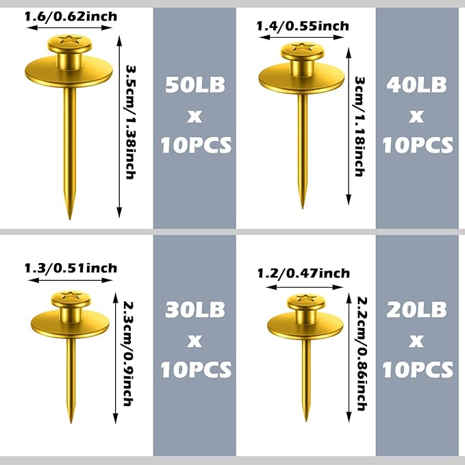 Zhengmy 40 Pcs Double Headed Picture Hangers Nails 4 Size Long Thumb Tacks Wall Nails for Hanging Pictures Decorative Push Pins Hooks for Drywall Photo Office Home Decor, 20/30/ 40/ 50lb(Gold)