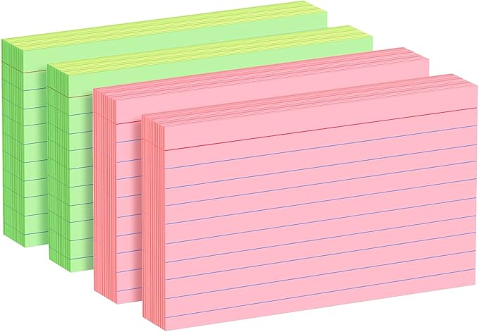 Colored Index Cards 4x6 Inch - Ruled Index Flash Cards for Studying, Lined Index Note Cards 4" x 6" with Colorful, Colored Flashcards 4x6 Notecards 3 Pack of 38 - Pink, Green