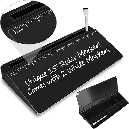 Desk Whiteboard Dry Erase Glass Whiteboard with 15“ Ruler Marker,Tilted Notepad Computer Keyboard Stand with Black Dry Erase Board Surface, Desktop White Board to-do List Memo Notepad,Black