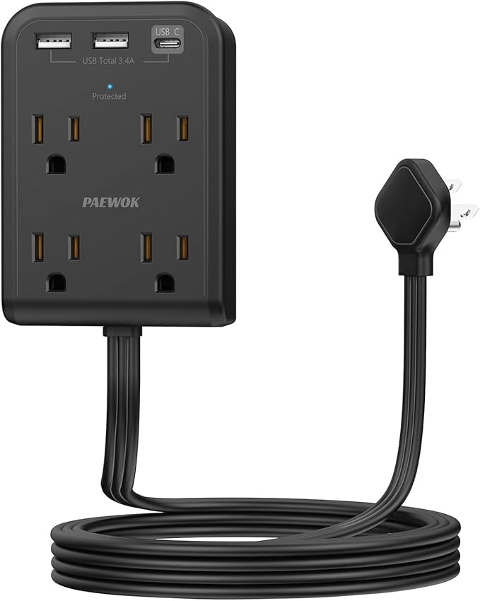 Flat Electrical Outlet Extender with USB C Ports, 4 Outlet 3 USB Wall Plug, 6 ft Ultra Thin Extension Cord, Flat Plug Power Strip Surge Protector for Home, Office. Black