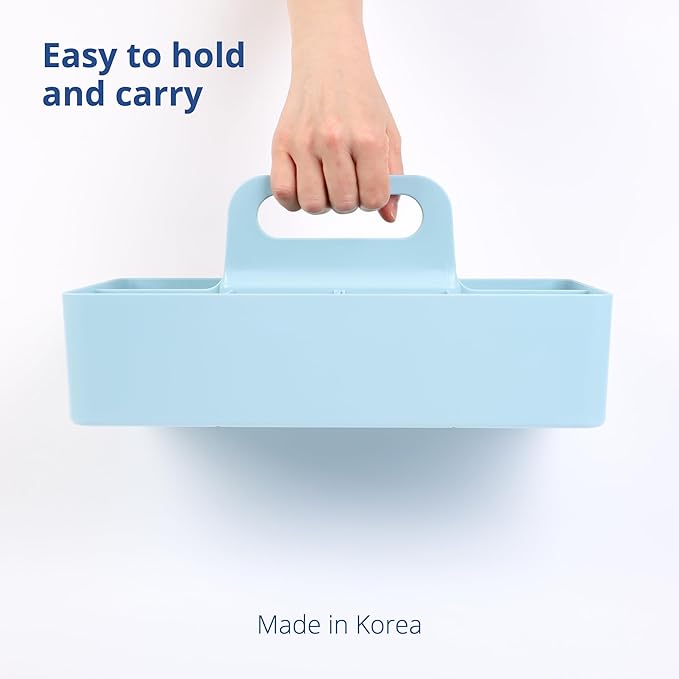 BLUE GINKGO Stackable Organizer Caddy – Korean-Made Portable Tote for Bathroom, Office, Crafts, or School Supplies (Long Rectangle, Blue)