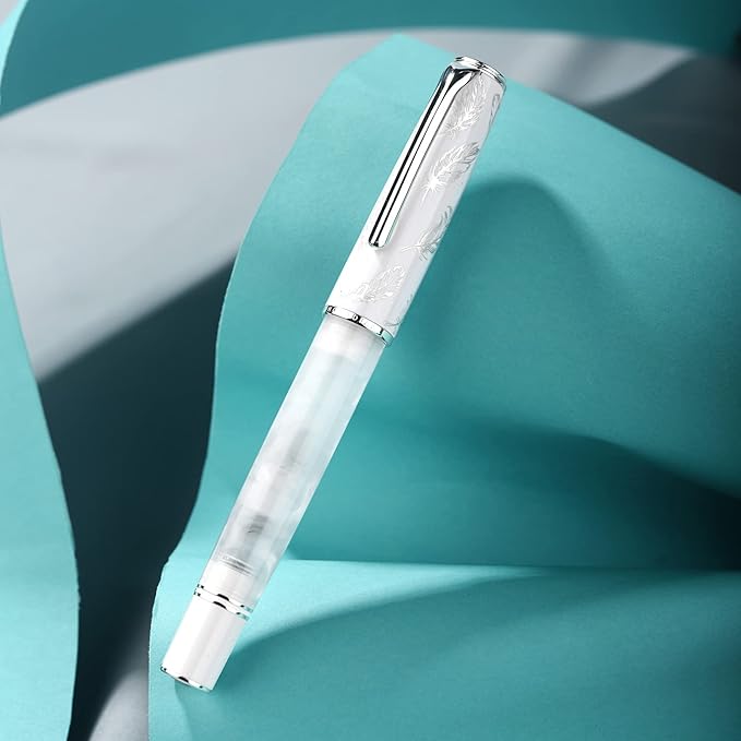 Hongdian N8 White Acrylic Resin Fountain Pen, Iridium Medium Nib Silver Plated Feather Carving Cap Smooth Writing Pen with Converter and Metal Pen Box Set