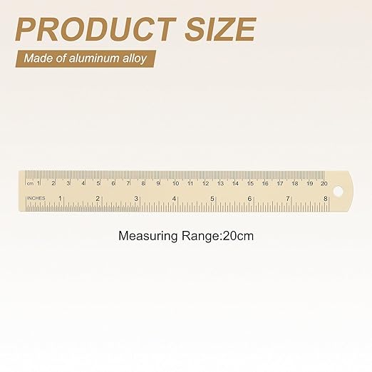 HARFINGTON 4pcs Metal Straight Ruler 20cm Metric SAE Aluminum Alloy Measuring Rulers Scale Tool with Hole for Measure Study Reading Classroom Office, Beige