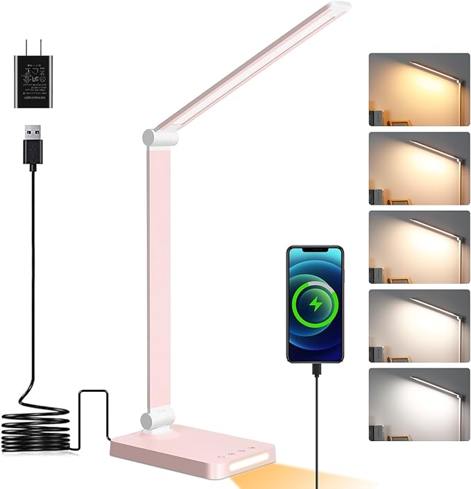 LED Desk Lamp with USB Ports,Touch Desk Lamps for Home Office with 5 Color Modes,3 Brightness Desk Light with Small Night Light,Reading Lamp Table Lamp for Bedroom Bedside Study Pink （with adapter）