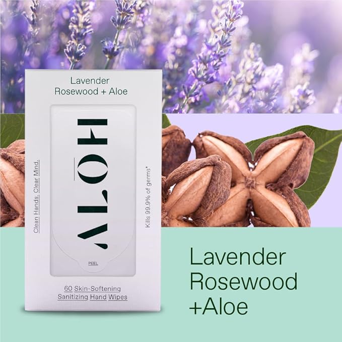 ALŌH Lavender Rosewood + Aloe Sanitizing Hand Wipes - Clean Hands, Clear Mind - On The Go Hand Sanitizer Wipes for Kids and Adults - Travel Size 6 Pack, 20ct (120 wipe)