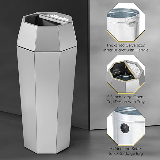 Dyna-Living Commercial Heavy-Duty Trash Cans Outdoor Garbage Can with Lid Large Trash Cans with Inside Cabinet for Patio, Silver Stainless Steel Garbage Can Commercial Indoor Trash Bin for Lobby